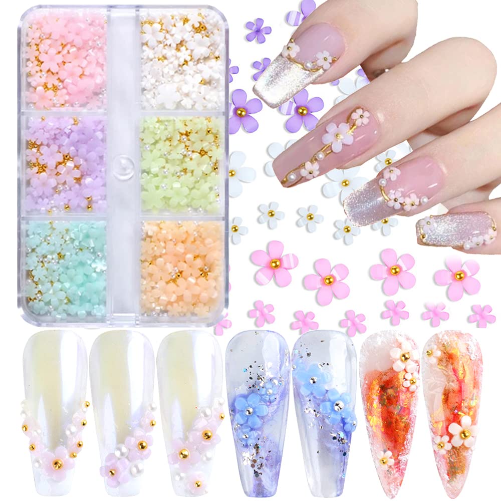 3D Flower Nail Art Charms, 6 Grids 3D Acrylic Nail Flowers Rhinestone Light Change Pink White Blue Cherry Blossom Acrylic Spring