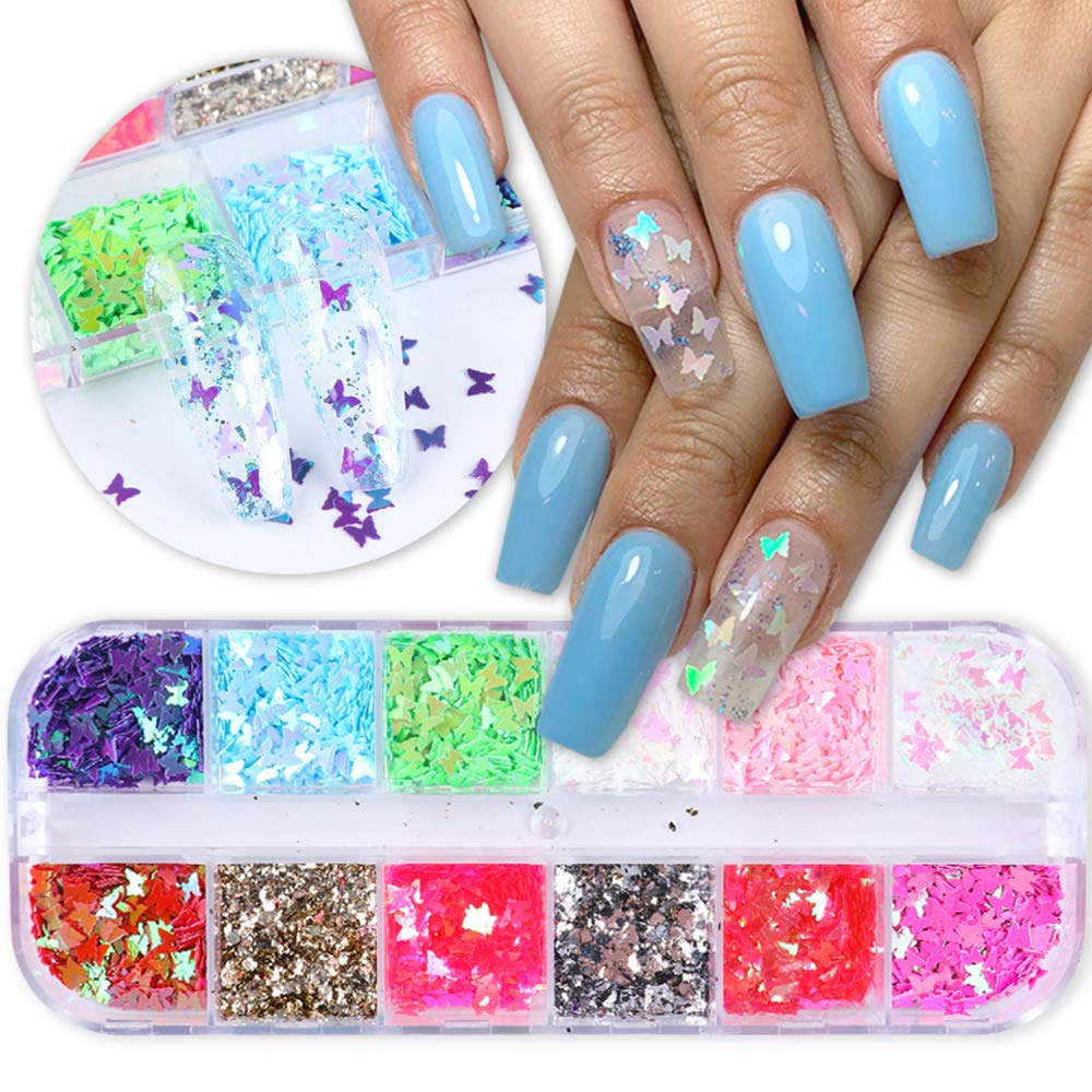 Mrsyel 12 Boxes Butterfly Nail Art Holographic Glitter Nail Sequins Iridescent Foils Flakes Glitter Colorful Confetti Sticker Ma