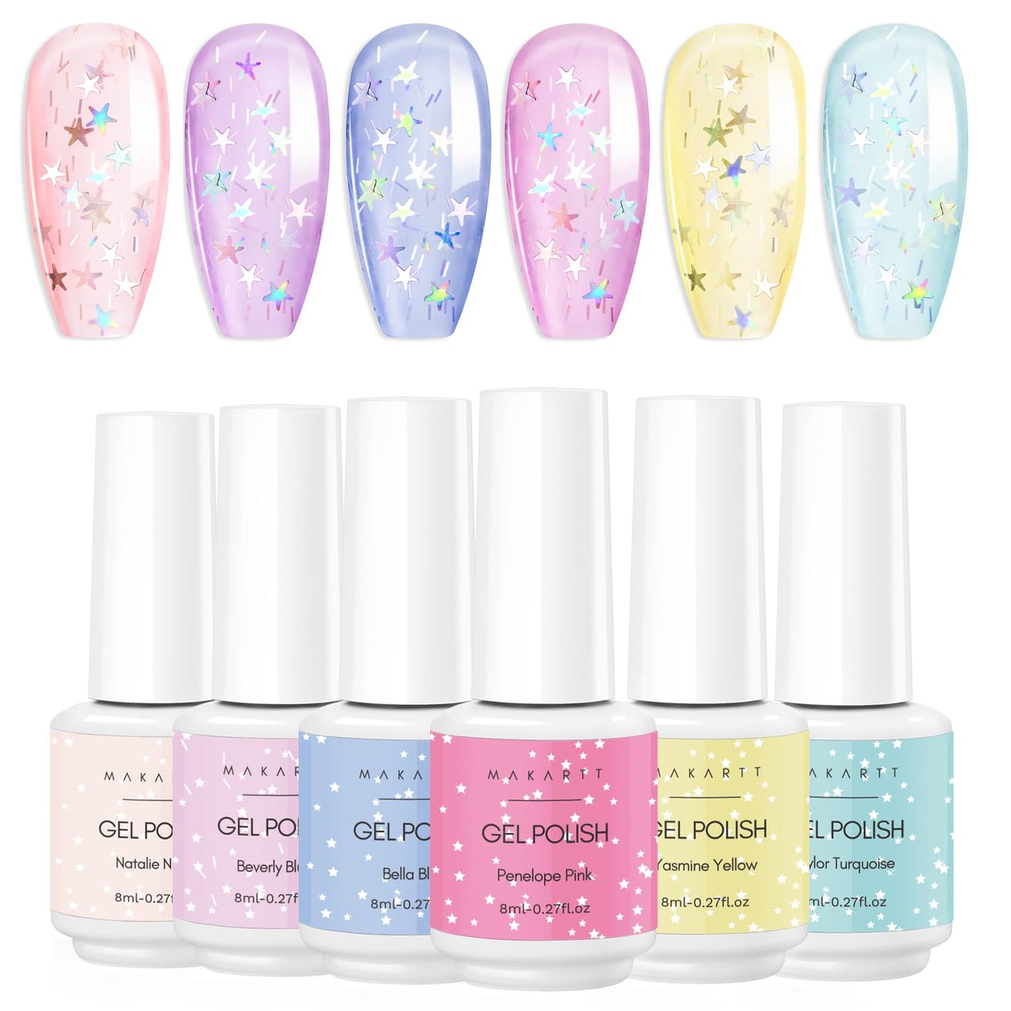 Makartt Gel Nail Polish Set Jelly Clear Glitter Pink Blue Gel Nail Polish Kit With Irridescent Stars,Crystal Transparent Gel Nai