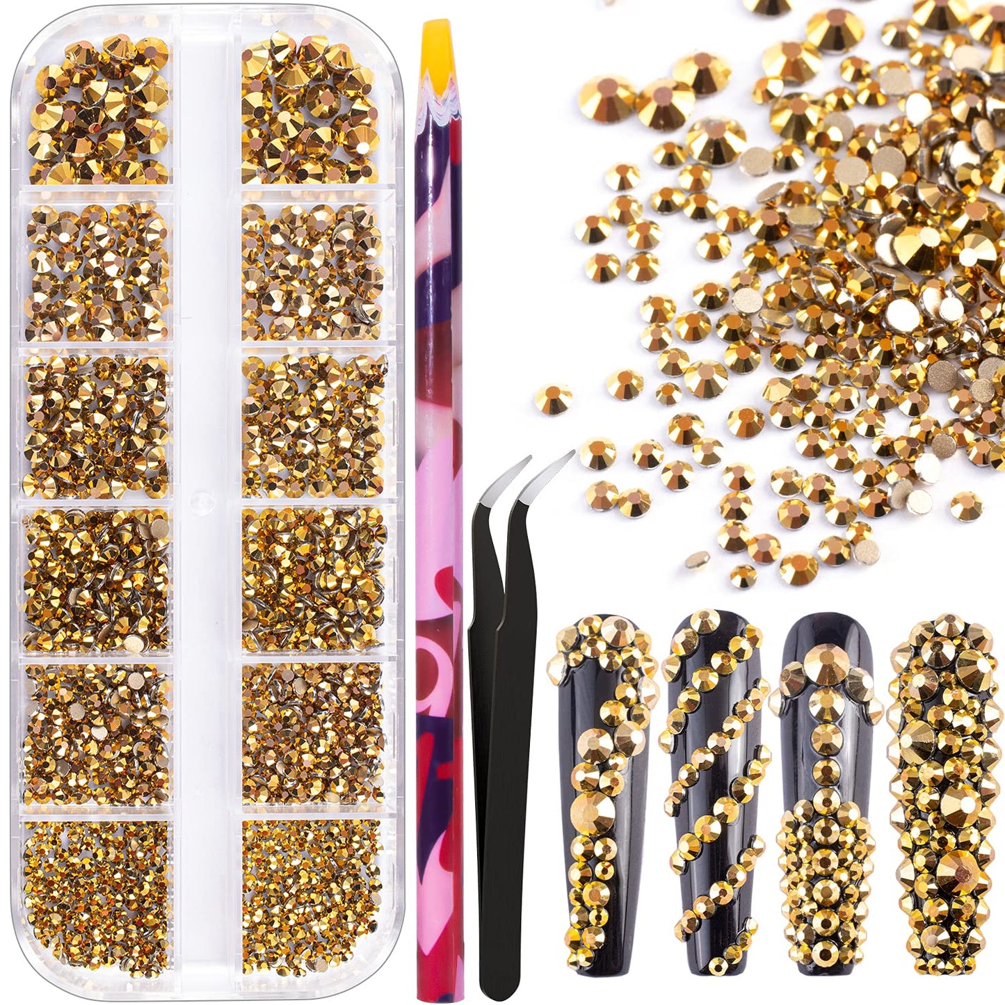 6 Sizes Gold Glass Crystal Kit With Pickup Pen + Tweezer Tools For Shine Nail Art Manicure Makeup Diy Decoration Flatback Round