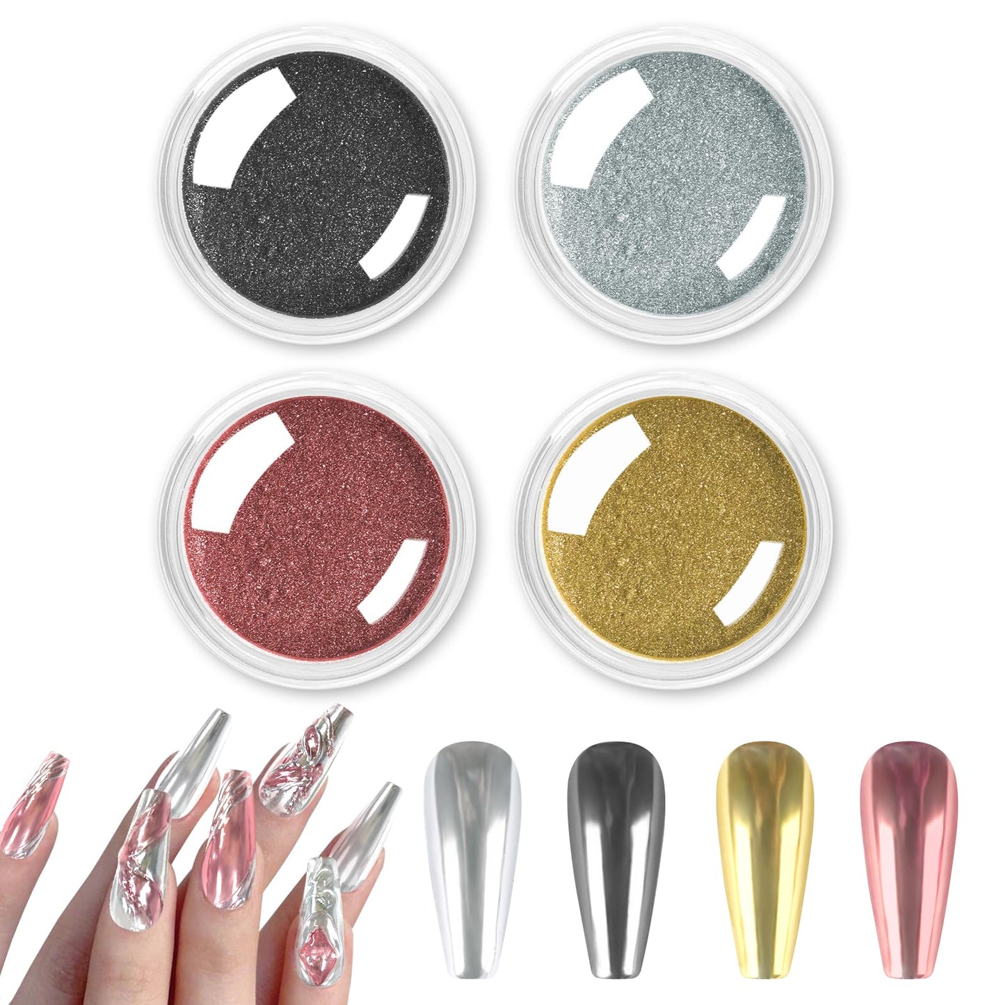 Allstarry Chrome Nail Powder, 4 Colors Metallic Effect Mirror Chrome Powder Pigment Shiny Holographic Manicure Pigment Gold Sive
