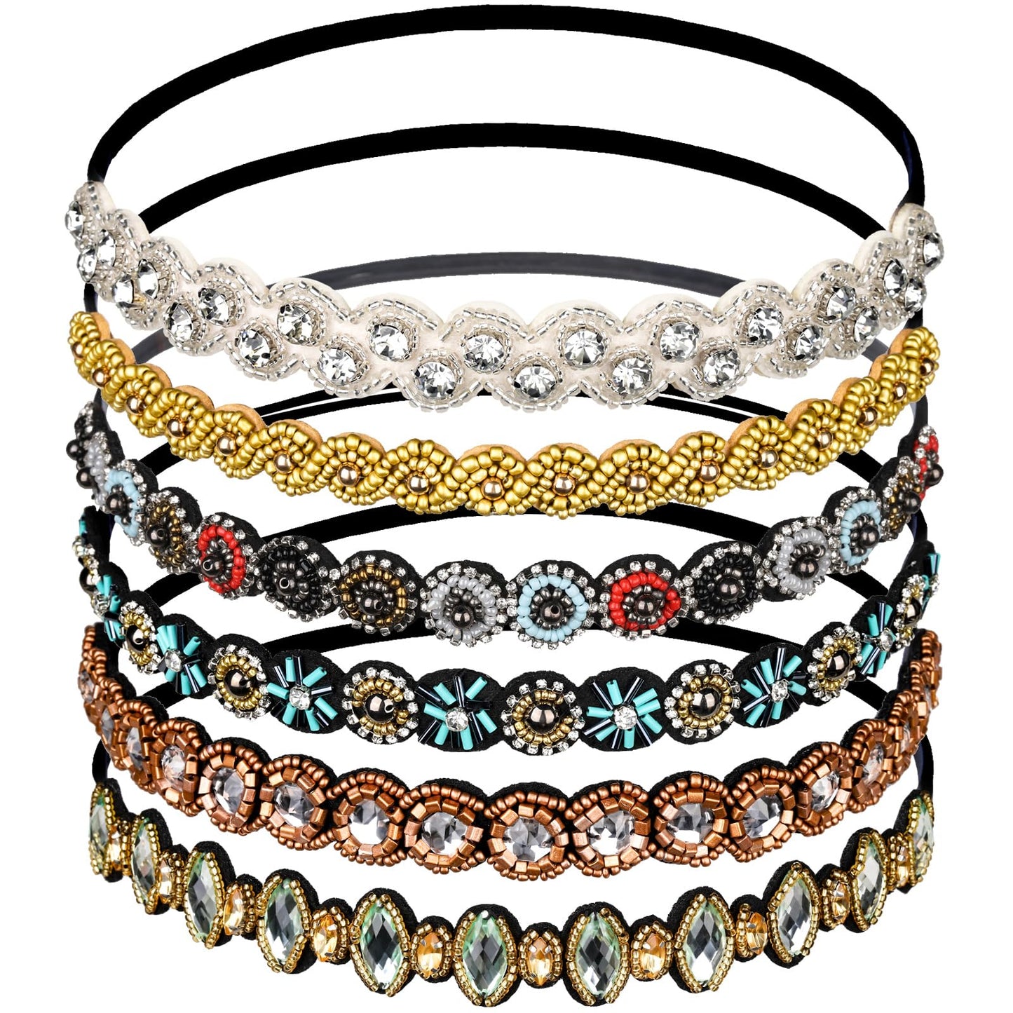 Teenitor 6Pcs Rhinestone Beaded Headband, Elastic Jewelry Hair Bands For Lady Women Girl Hair Accessories 20-26.8'' Multicolor