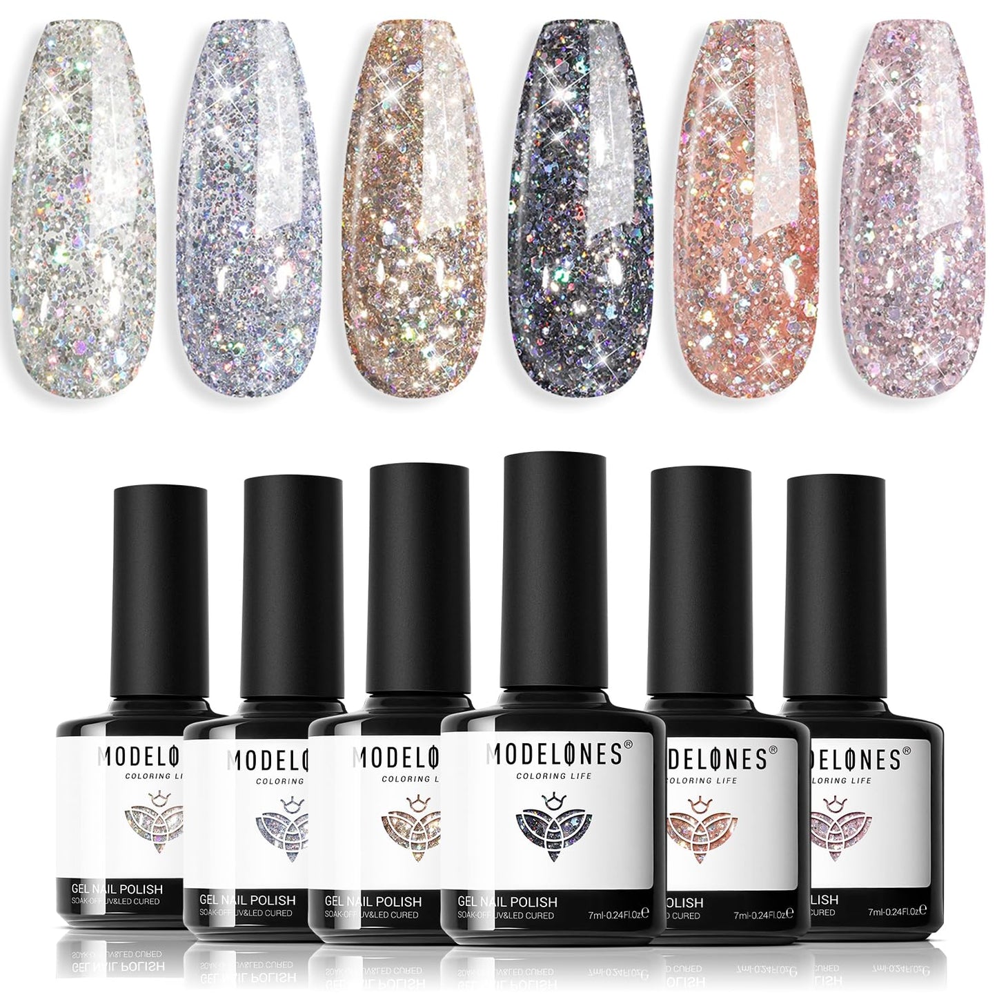 Modelones Glitter Gel Nail Polish - 6 Colors Sparkle Silver Gold Pink Gel Polish Kit Soak Off Chrome Platinum Glitter Red Black