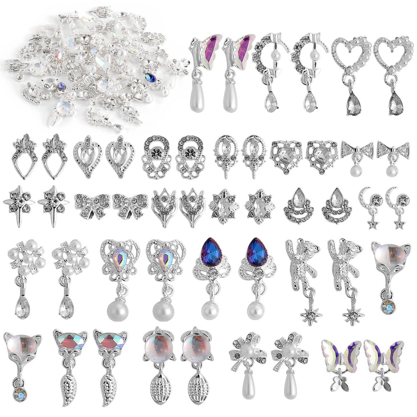 48 Pcs Dangle Nail Charms Luxury Rhinestones For Nails Heart Charms Silver Nail Gems Crystal Metal Nail Diamonds Stones For 3D N