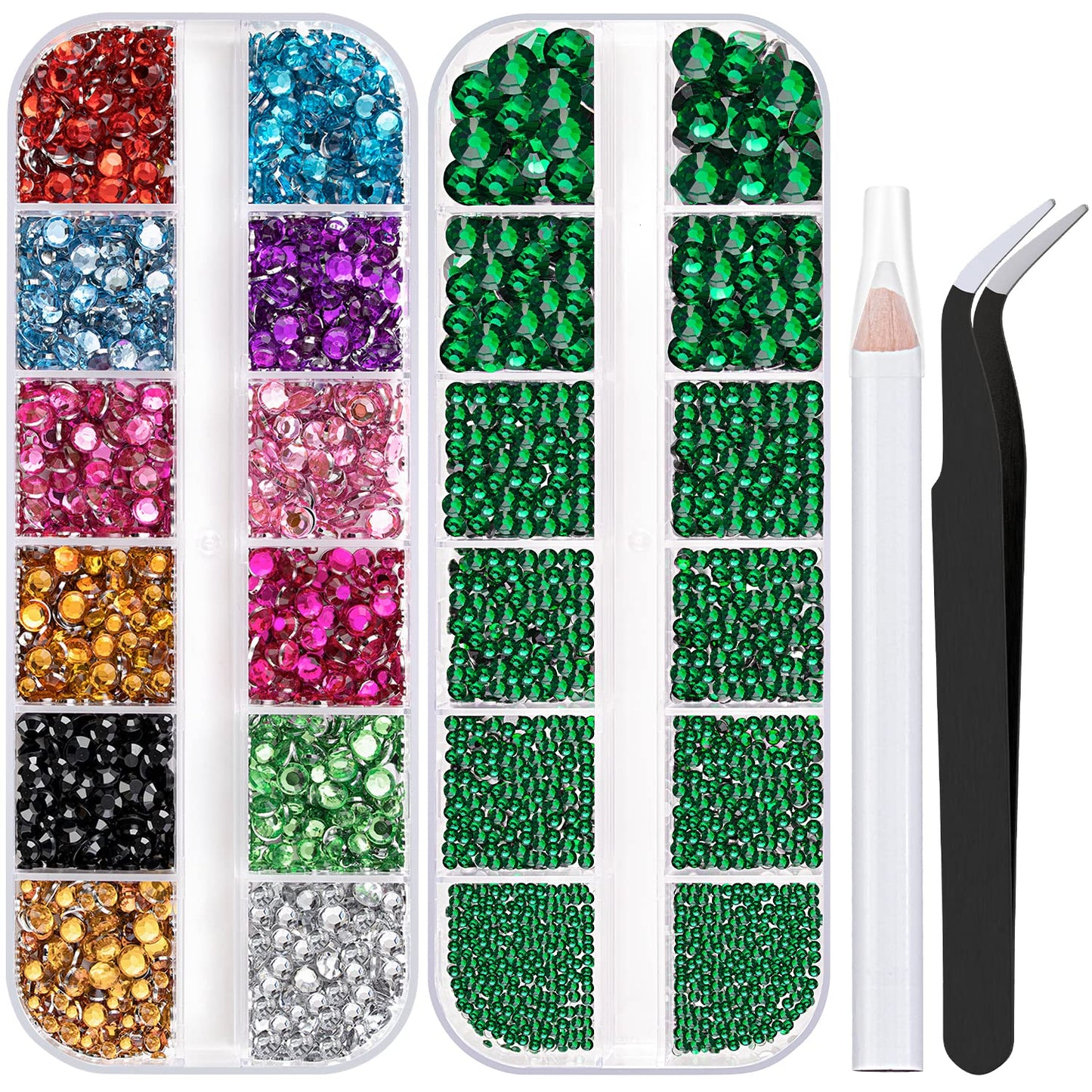 Two Packs Of Flatback Rhinestones 4520 Pcs Colorful Nail Art Rhinestones Flatback Crystal Colorful+Dark Green Rhinestone With Pi
