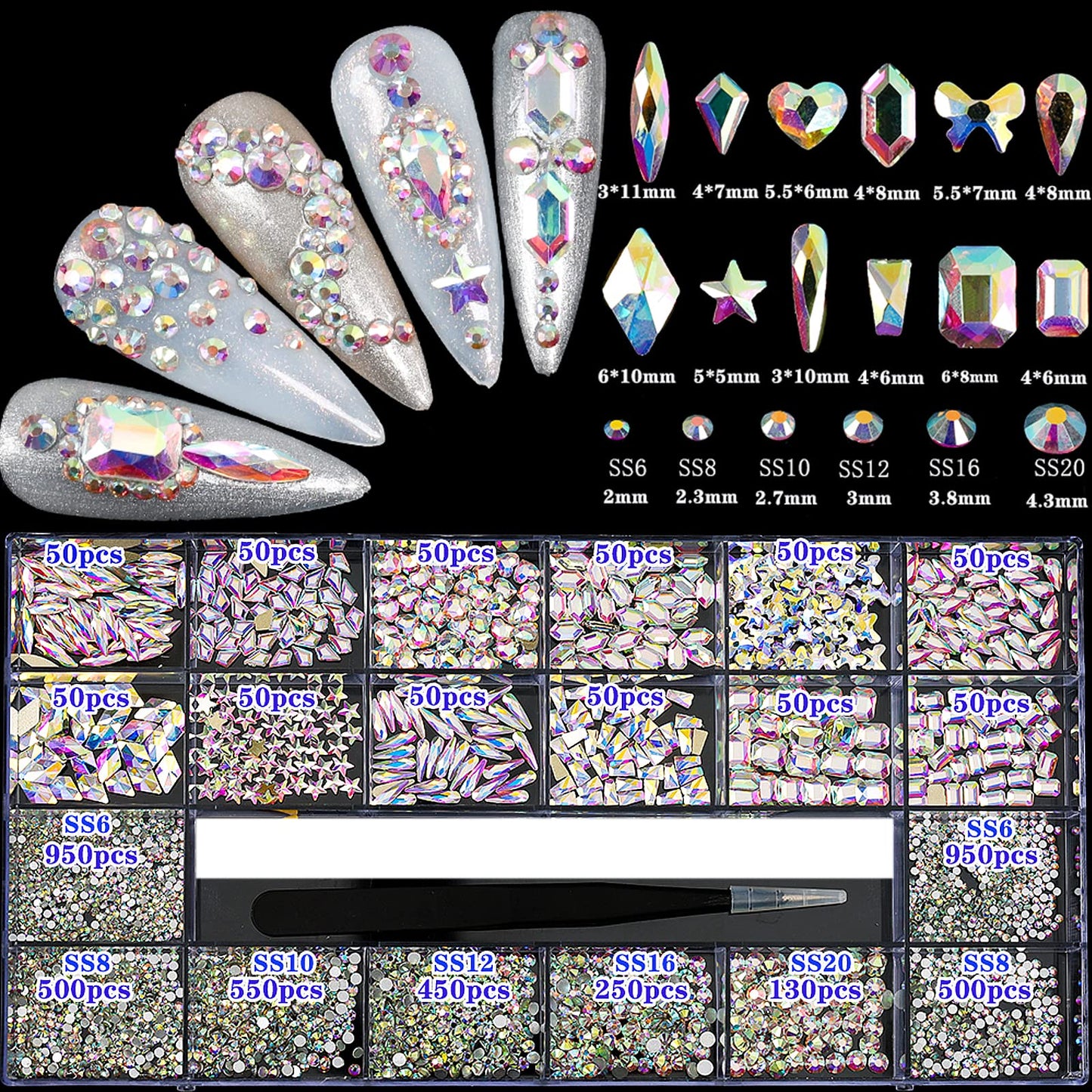4880 Pcs Ab Crystal Nail Rhinestones Set, Nail Art Rhinestones Round Beads Flatback Glass Gems Stones, Multi Shapes Rhinestones