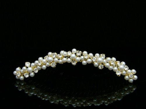 Samky Elegant Bridal Prom Wedding Pearl Crystal Tiara Comb - Gold Plated T588