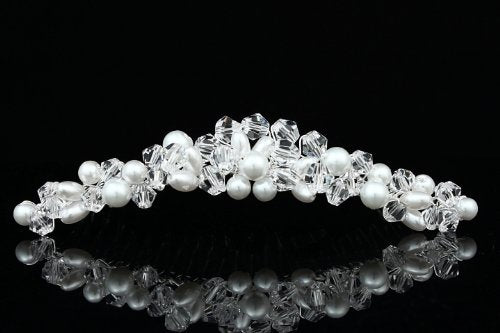 Handmade Faux Pearl Crystal Bead Cluster Bridal Wedding Tiara Comb - Silver Plated Fc039