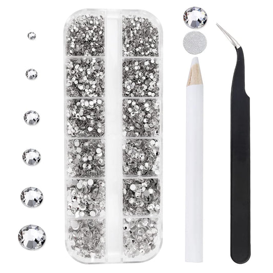 12 Grids 3792Pcs Pieces Clear Flatback Rhinestones For Crafts,White Nail Gems Gemstones Crystals Jewels,Craft Glass Diamonds Sto