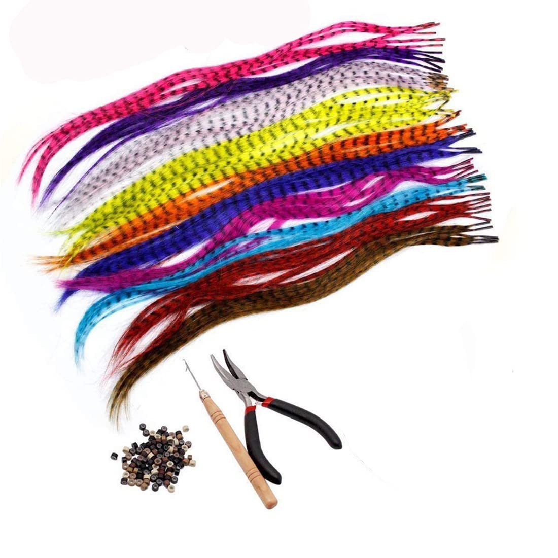 Feather Hair Extension Kit With Synthetic Feathers 100 Beads Plier And Hoo (50 Feather)