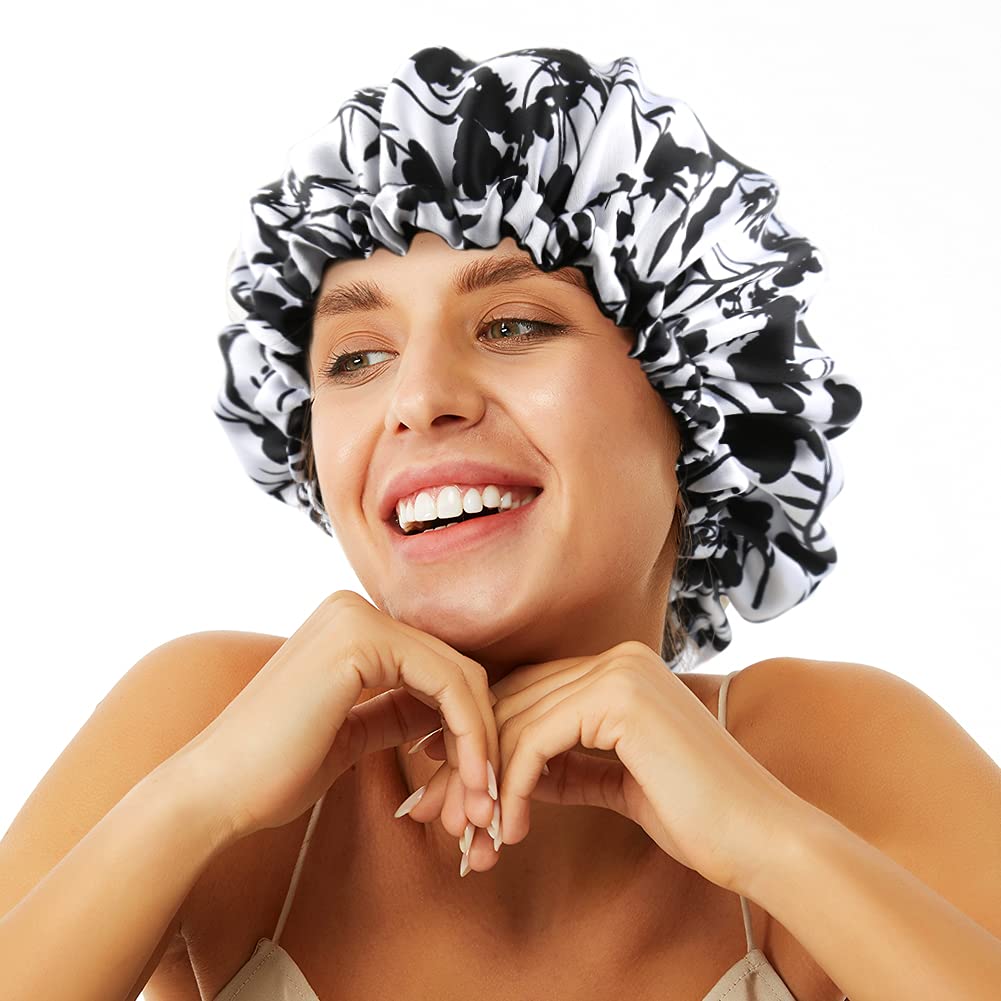 Elihair Silky Night Sleeping Cap Satin Bonnet For Curly Hair Adjustable Hair Bonnet Reversible Double Layer Black Flora