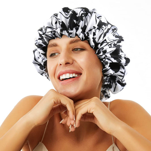 Elihair Silky Night Sleeping Cap Satin Bonnet For Curly Hair Adjustable Hair Bonnet Reversible Double Layer Black Flora