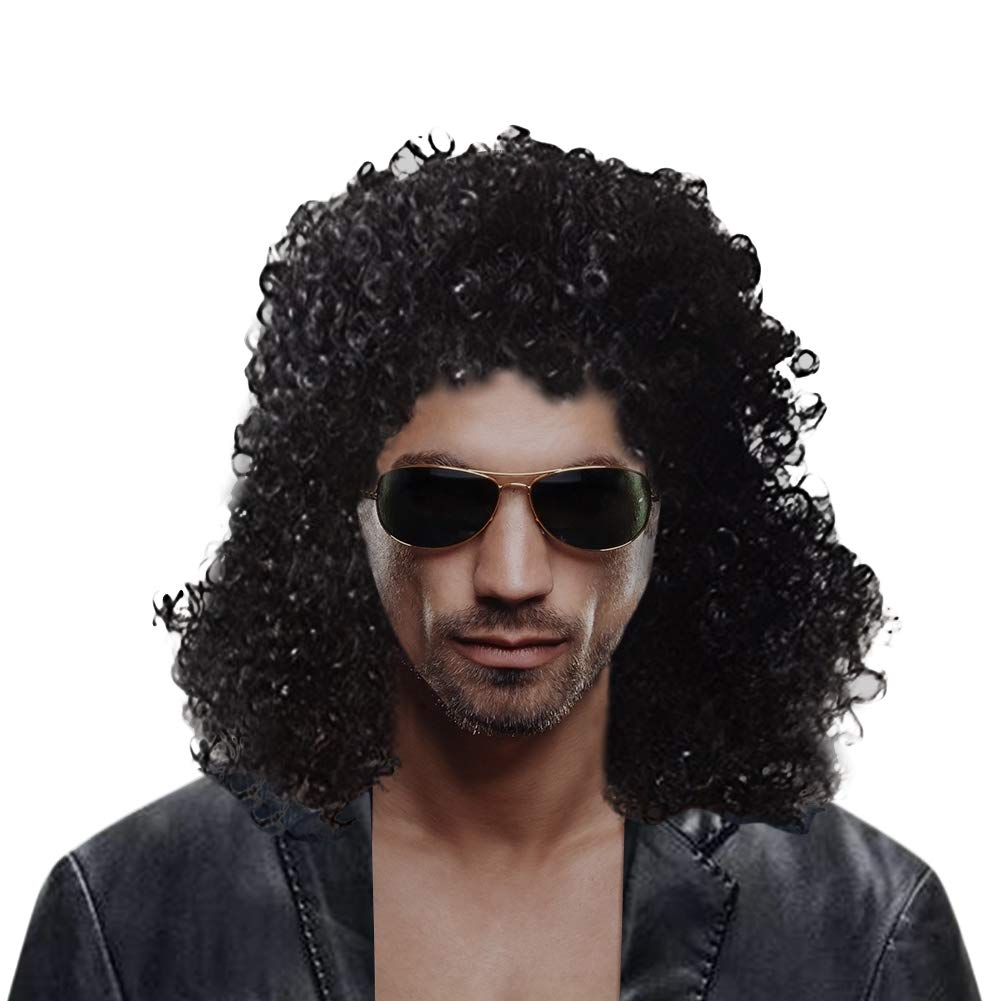 Cexin Men'S Rocker Wig 70S 80S Men'S Party Fancy Dress Halloween Wig Long Curly Black Mullet Rockstar Wig Fashion Smart Rocker S
