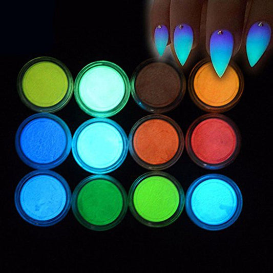 Minejin Glow In Dark Luminescent Nail Art Powder Night Fluorescent Pigment Dust 3D Diy Decoration Tips 12Colors
