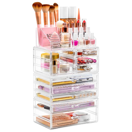 Sorbus Large Clear Makeup Organizer - Detachable 4-Piece Jewelry & Make Up Organizers And Storage Set - Spacious Cosmetic Displa