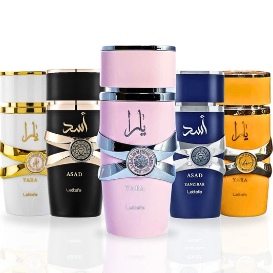 Lattafa Yara Collection 5 Piece Set - Yara, Yara Moi, Yara Tous, Asad, Asad Zanzibar - Eau De Parfum Sprays 100Ml (3.4 Oz)