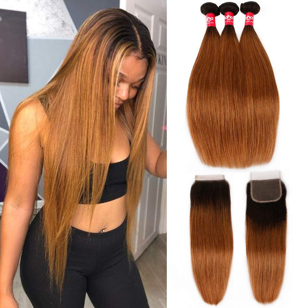 Haha Ombre Brazilian Straight Hair 3 Bundles With Closure Ombre Human Hair Bundles With Closure 2 Tone T1B/30 Black To Medium Au