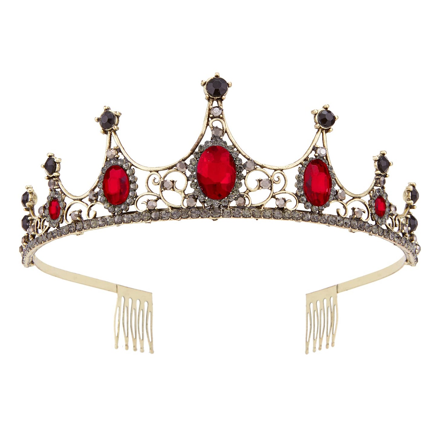 Vofler Gold Black Tiara Crown With Ruby - Baroque Vintage Crystal Red Rhinestone Headband For Women Queen Lady Girl Bride Prince