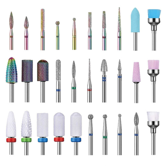 Nail Drill Bits Set, 3/32'' Ceramic Tungsten Carbide Diamond Drill Kit,30Pcs Safety Professional Rotary Burrs Polish Nail File B