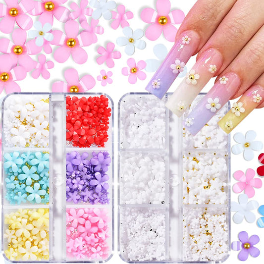 3D Flower Nail Charms, 2 Boxes 3D Acrylic Flower Nail Art Rhinestones White Pink Mixed Cherry Blossom Spring Acrylic Nail Suppli