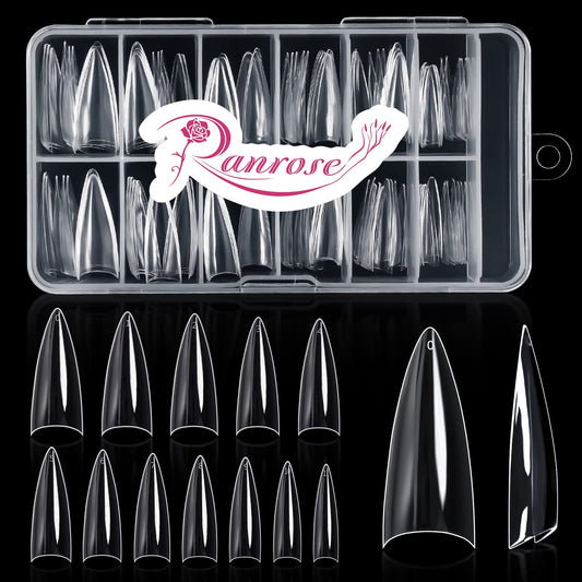 Ranrose 120Pcs Short Nail Tips,Short Soft Gel Stiletto Nail Tips Half Cover False Nail Almond Shape Point Acrylic Sharp Artifici