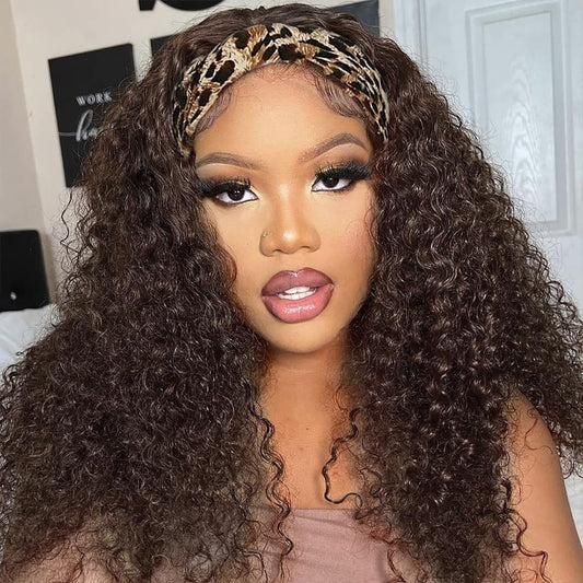 Deep Wave Headband Wig Human Hair 18 Inch Chocolate Brown Machine Made None Lace Front Wig #4 Chocolate Brazilian Virgin Human H