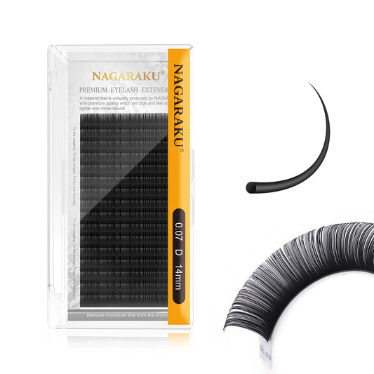 Nagaraku Eyelash Extensions Individual Lashes 0.07Mm D Curl 14Mm Classic Super Matte Black Soft Natural Faux Mink 16 Rows Stable