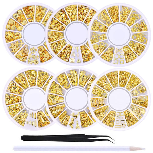 Wokoto 6 Boxes Gold Hollow Nail Metal Studs Modern Cross Geometry Nail Art Charm 3D Nail Jewelry Decoration With 1Pc Tweezers An