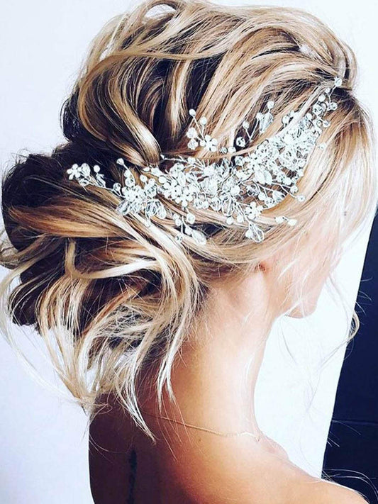 Unicra Bride Flower Wedding Hair Vine Crystal Bridal Hair Piece Rhinestone Party Hair Accessories Leaf Jewelry Bead Headpiece Fo