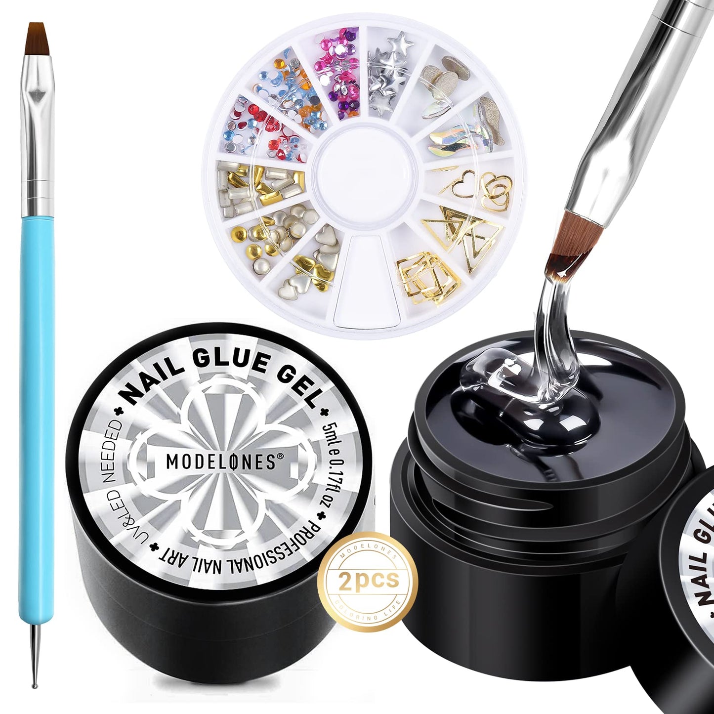 Modelones Rhinestone Glue No Wipe Nail Gem Glue Super Strong Adhesive With Nail Charms & Dual-Use Brush, 2  5 Ml