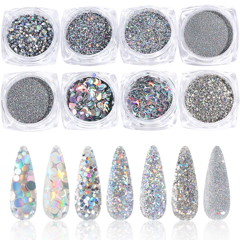 Holographic Nail Art Sequins Glitter Kits, Kissbuty 8 Boxes Holographic Nails Powder Nail Art Sequins Metallic Shining Flakes Si