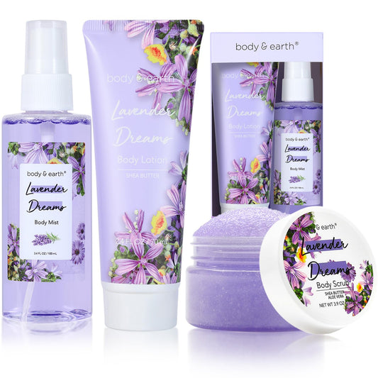 Body & Earth Body Mist Gift Set - Spa Gifts For Women, Perfume, Body Lotion, And Body Scrub In A Lavender Dreams Box- Perfect Bi