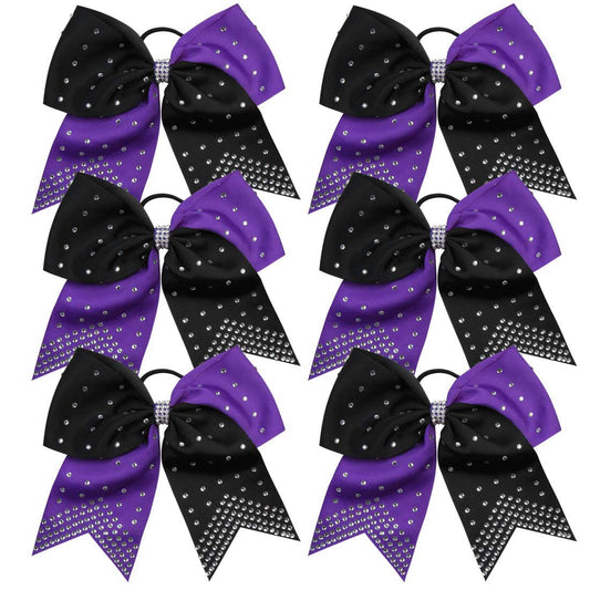8 Inch 2 Colors Cheerleader Bows Ponytail Holder With Bling Fling Rhinestones Hair Tie Cheerleading Bows 6 Pcs (Purple/Black)