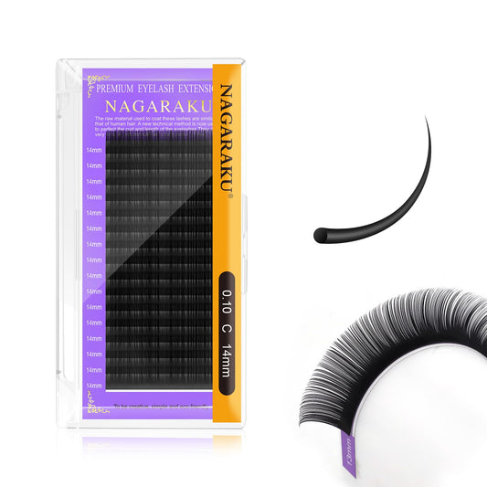 Nagaraku Eyelash Extensions 0.10 Mm C Curl 14Mm Premium Individual Classic Lashes Soft Natural Matte Black 16 Rows Professional