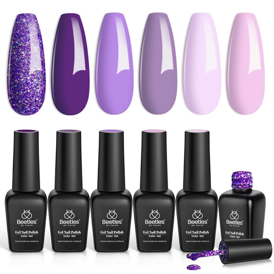 Beetles Purple Gel Nail Polish Set, 6 Colors Gel Polish Purple Glitter Pastel Pink Lavender Nail Polish Soak Off U V Led Gel Nai