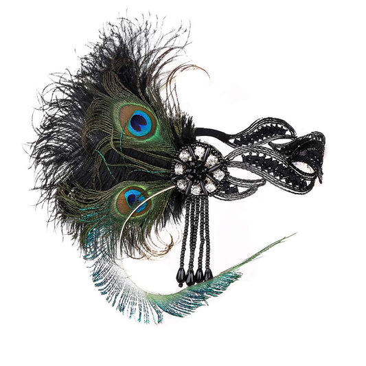 Jisen 1920S Flapper Vintage Peacock Feather Gatsby Beaded Tassel Headpiece Green