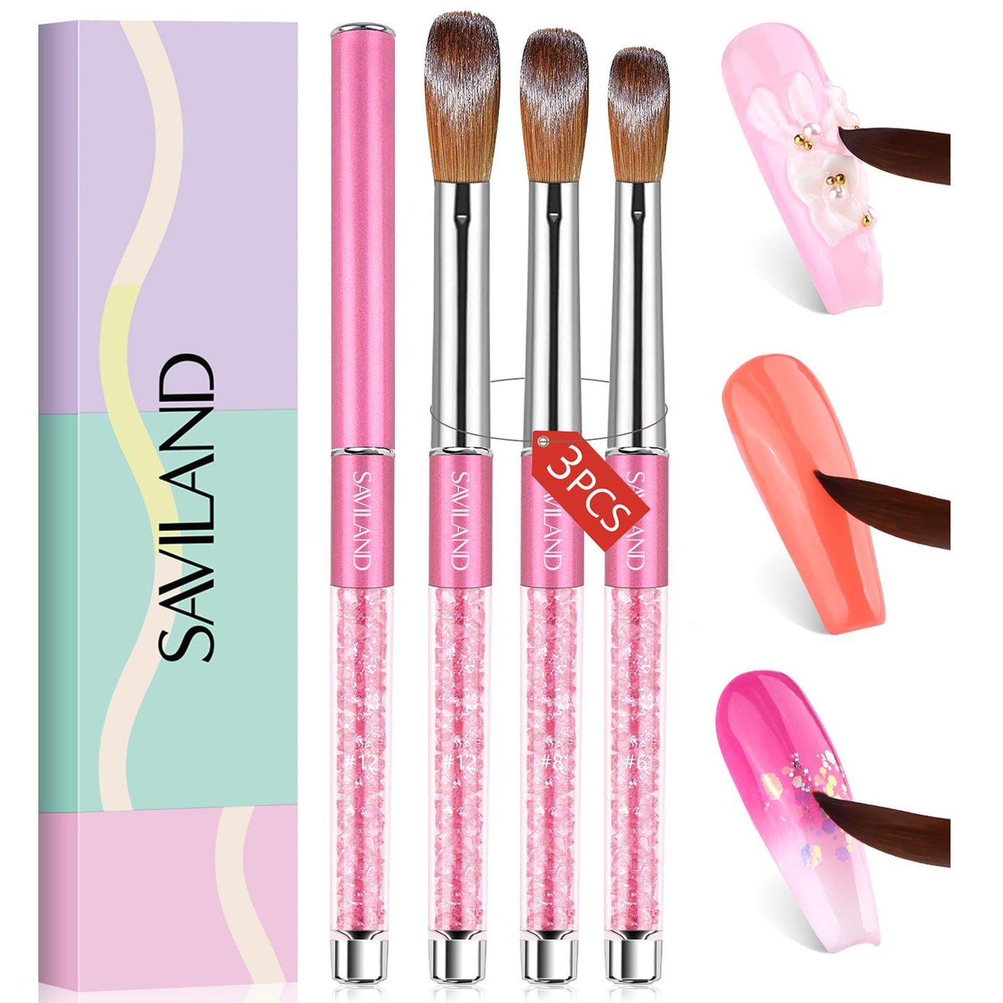 Saviland 3Pcs Acrylic Nail Brush Set - Professional Acrylic Nail Brushes For Acrylic Application, Size 12 Acrylic Nail Brush For