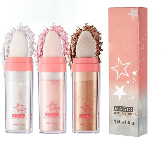 3 Color Glitter Powder Highlighter Makeup, Body Brightens The Natural Three-Dimensional Face Blusher Fairy Highlight Patting Pow