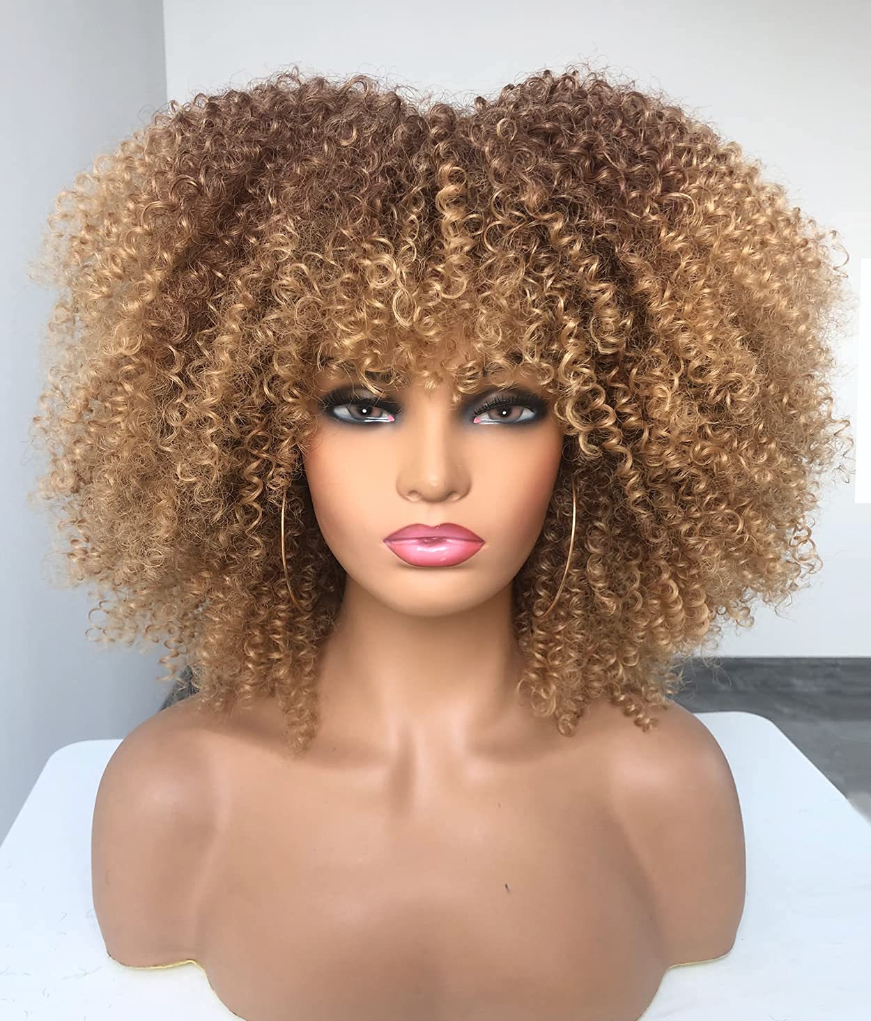 Annivia Ombre Blonde Afro Short Kinky Curly Wig With Bangs For Black Women Curly Wig