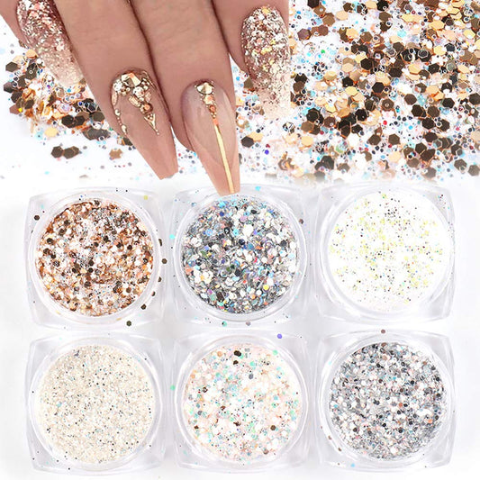 Holographic Nail Art Kits 6 Boxes 3D Glitter Metallic Shining Flakes Acrylic Powder Dust Sequins Decoration Holographic Manicure