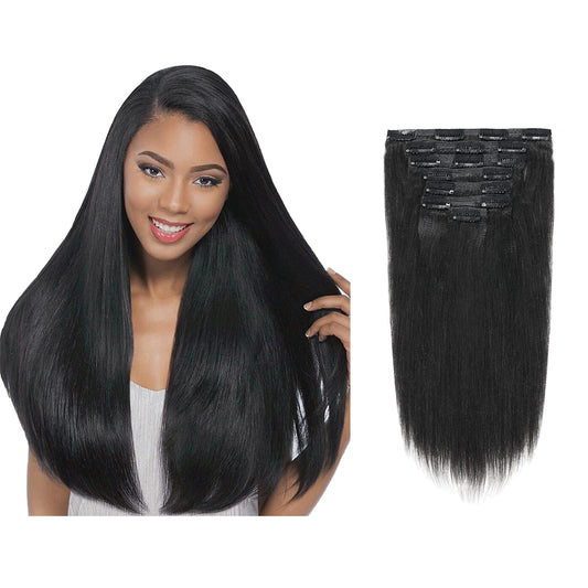 Lacer Thick Light Yaki Straight Remy Human Clip In Extensions, Soft Yaki Clip In Human Hair Extensions Jet Black For Black Women