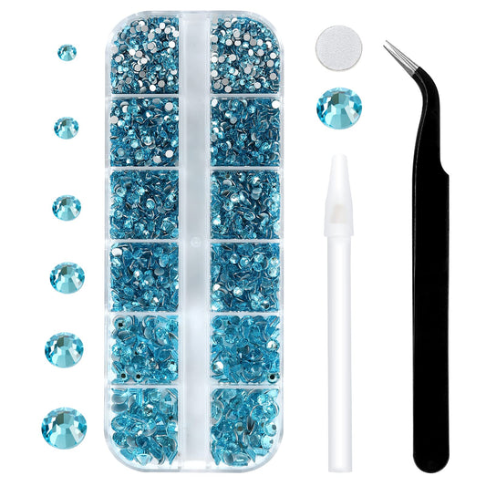 3792 Pcs Aquamarine Ab Flatback Rhinestones Set For Nail, Art, Crafts, Makeup, Tumblers Glitter Round With Tweezers And Picking