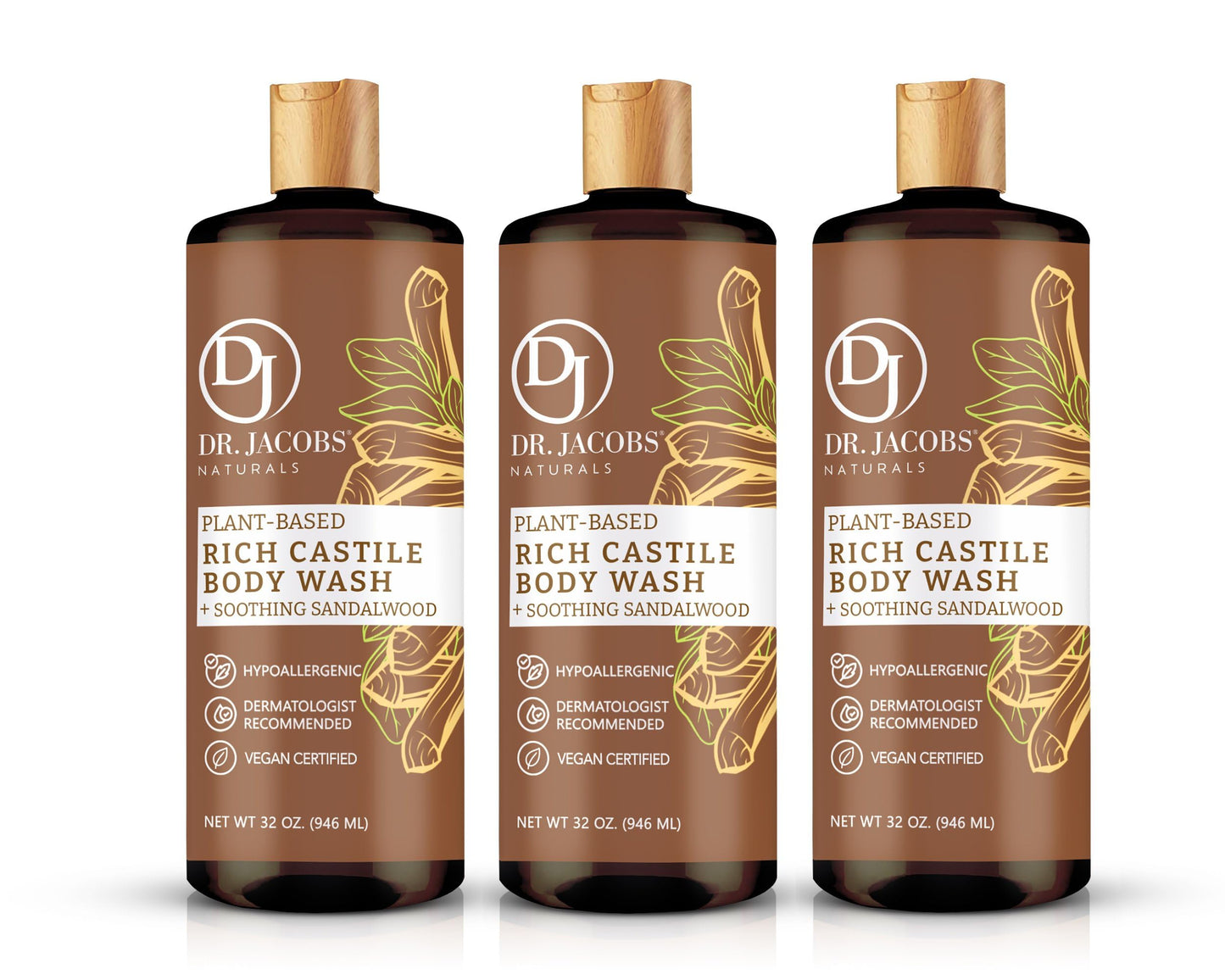 Dr. Jacobs Naturals Castile Sandalwood All-Natural Body Wash For Moisturizing Dry And Sensitive Skin Shampoo With Plant-Based In