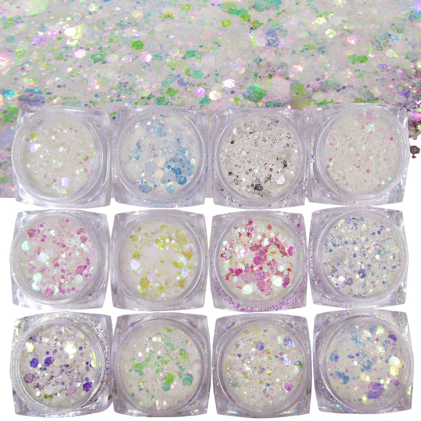 Luckforever 12 Colors Mermaid Iridescent Chunky Glitter Hexagon Fine Glitters Sequins Flakes & Powder Pigment For Epoxy Resin Ma