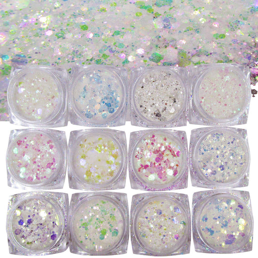 Luckforever 12 Colors Mermaid Iridescent Chunky Glitter Hexagon Fine Glitters Sequins Flakes & Powder Pigment For Epoxy Resin Ma