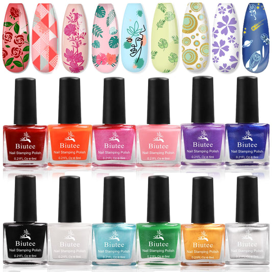 Biutee Nail Stamping Polish 12 Colors 6Ml Air Dry Special Polish Manicure Print Nail Polish For Stamping Plates Color Nail Polis