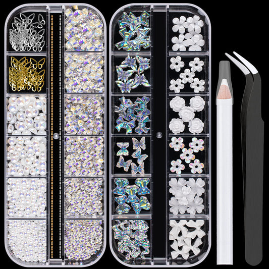 Mixed 3D Nail Art Gem Decoration Accessories Kit #7, Aurora Bear Bow Butterfly Starry Ab Rhinestone Charm Jewelry For Deco, Pear