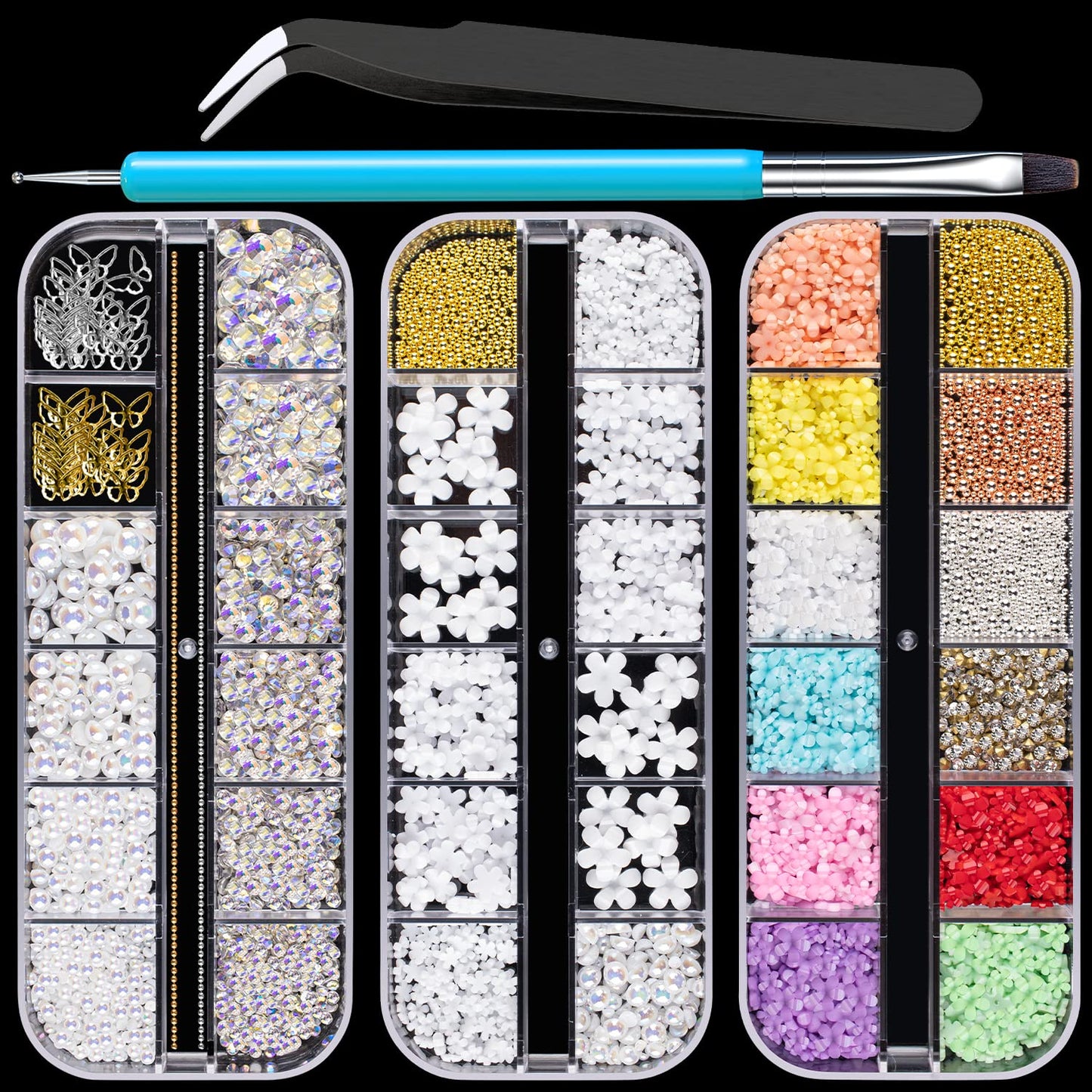 Mixed 3D Nail Art Gem Decoration Accessories Kit #3, Butterfly Starry Ab Rhinestone Charm Jewelry For Deco, Pearl Flower Caviar