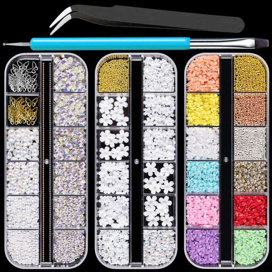 Mixed 3D Nail Art Gem Decoration Accessories Kit #3, Butterfly Starry Ab Rhinestone Charm Jewelry For Deco, Pearl Flower Caviar