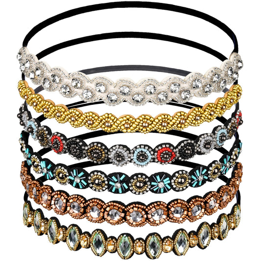 Teenitor 6Pcs Rhinestone Beaded Headband, Elastic Jewelry Hair Bands For Lady Women Girl Hair Accessories 20-26.8'' Multicolor